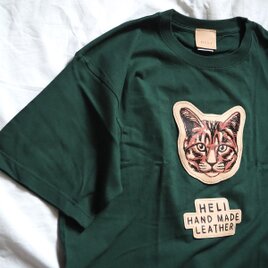 アートなレザーパッチ「ネコ」の 半袖 Tシャツ（5色）牛革 ワッペンの画像