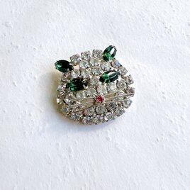 SC78-ヴィンテージブローチ・U.S.A. Green and White Rhinestone Kitty Catの画像
