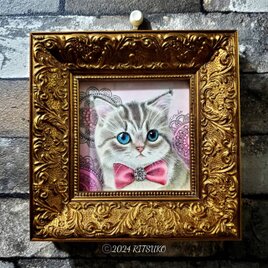 原画 1点もの 額装付き ボールペン画 ボールペンアート 色鉛筆画 日本人作家 絵画 絵 アート 額入り 猫の絵 キジトラ 猫の画像
