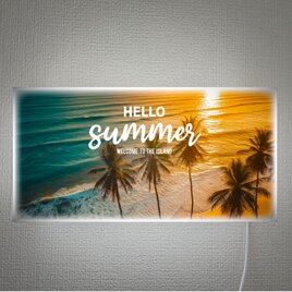 【Lサイズ】ハローサマー パームビーチ 夕焼け 海 夏 ヤシの木 南国 壁掛け 照明 ランプ 看板 置物 雑貨 ライトBOXの画像