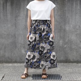 ノルディック調フラワー　綿麻ギャザースカート（ブルー フラワー）リネン 麻 ロング マキシ ポケット