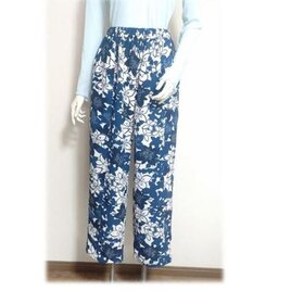 115　１点物　ワイドパンツ　着物リメイク　青い花柄　　ロングパンツ　テーパードパンツの画像