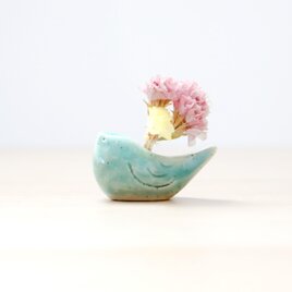 小鳥の花挿しオブジェ トルコブルー ＊ ドライフラワー付き