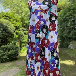 カラフル椿の花 浴衣リメイクフレンチスリーブワンピースの画像