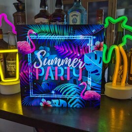 【25サイズ】フラミンゴ 夏 サマー パーティー ハワイ 南国 ヤシの木 ビーチ ランプ 照明 看板 置物 雑貨 ライトBOXの画像