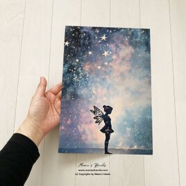 A4 ポスター女の子 妖精と星空の神秘的なスピリチュアル 宇宙 イラストアートの画像