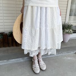 cottonレースパッチティアードスカート☆ホワイト生成り（チュールレースペチコート付き）の画像