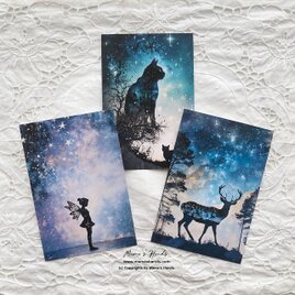 銀河宇宙の夜空と 妖精 黒猫 鹿 イラスト アート ３枚 ハガキ ポストカード セットの画像