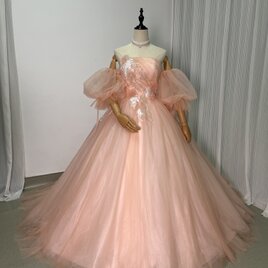 美品！ウェディングドレス ピンク ベアトップ パフスリーブ キラキラスパンコール ファスナー 花嫁/披露宴の画像