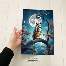 A4 ポスター フクロウと夜空の 神秘的な 宇宙 スピリチュアル 開運 イラスト アートの画像