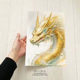 A4 ポスター 金龍 龍神 龍 のパステル 水彩画 スピリチュアル 開運 イラスト アートの画像