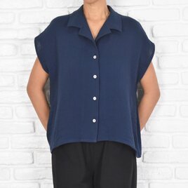 大人ネイビー！シンプルなコットンダブルガーゼシャツ　紺　開襟シャツの画像