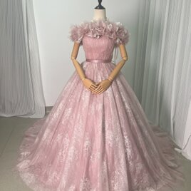 美品！ピンク カラードレス オフショルダー キラキラグリッターチュール 編み上げ 花嫁/前撮りの画像