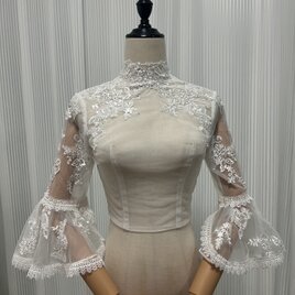 レースボレロ ベルスリーブ くるみボタン キラキラスパンコール 花嫁/ウェディングドレスの画像
