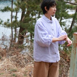 リネンブラウス　ふんわり袖　　春　パープル　ゆったり　リネン　ナチュラル