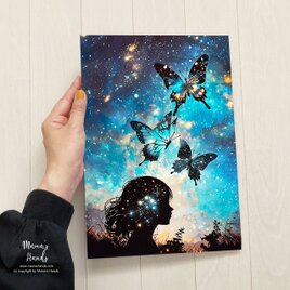 A4 ポスター 蝶々と女の子 星空の神秘的な 宇宙 イラスト アートの画像