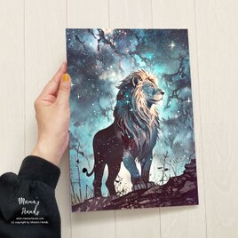 A4 ポスター アウトドア サファリ 夜空とライオンの神秘的な 宇宙 イラスト アートの画像