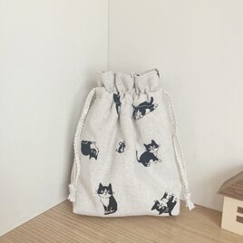 保温保冷シート付き巾着袋（おにぎり、ドリンク入れに）モノトーン猫ちゃんの画像