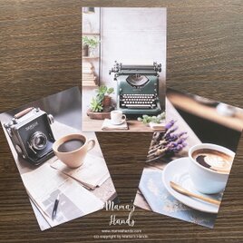 おしゃれな カフェ ラテアート コーヒー タイプライター ブルックリン スタイル アート ３枚 ハガキ ポストカード セットの画像
