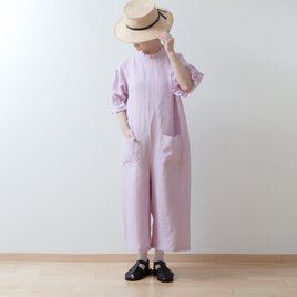 タックフリル衿ギャザーハーフスリーブリネンオールインワン/ピンクの画像