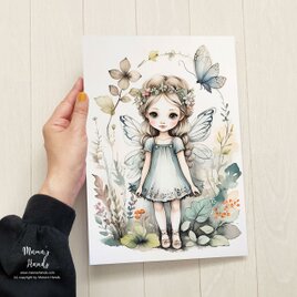 A4 ポスター 可愛い 女の子 妖精 ボタニカル フラワー 花 水彩画 イラスト アートの画像