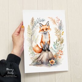 A4 ポスター 可愛い キツネ ボタニカル フラワー 花 水彩画 イラスト アートの画像