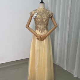 カラードレス シャンパン色 スパンコール タンクトップ 編み上げ シアーな美しさ 背中見せ ロングドレスの画像