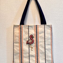 ビーズ刺繍のミニトートバッグ☆フラミンゴの画像