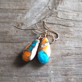 オイスターコッパーターコイズピアス　14kgf　ペアシェイプ　OysterCopperBulueTurquoiseの画像