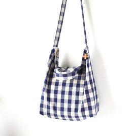 綿麻ブロックチェックのくったり2wayショルダーバッグ（L）☆ブルー×生成り