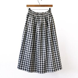 【即納】 播州織 綿麻スカート（ギンガムチェック）総丈60cm、ウェストXL（75～82）リネン 麻 黒 ブラックの画像