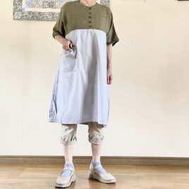 手織りとコードレーンのバルーンワンピ－ス（カーキ色）の画像
