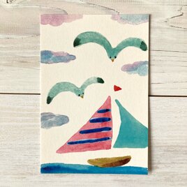 ポストカード2枚セット・水彩「ヨットとカモメ」の画像