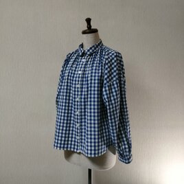 ブルーギンガムチェック　ふんわりギャザーブラウス　綿100%　　の画像