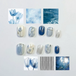 【開店セール】ホワイト×ブルー　手描き花　ニュアンスネイルチップ　マグネット　ミラーネイル　夏　急ぎ【即日発送】