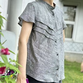 ピンタック入りシャツブラウス　半袖　麻100％　送料込み　バンドカラー　グレーの画像