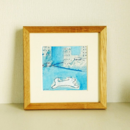 犬の絵｜原画「都会の夜」※木製額縁入り(18×18㎝フレーム）の画像