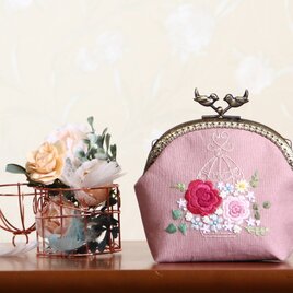 花うさぎ 巾着ポーチ 手刺繍 アッシュローズ | iichi 日々の