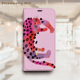 ピンク レオパード イラスト ベルトなし 帯なし ベルトレス 手帳型 iPhone スマホ ケース カバーの画像