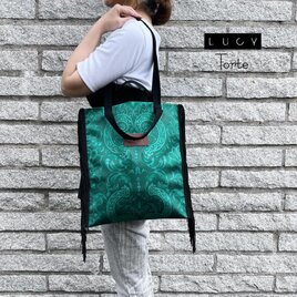 2way フリンジトートバッグ【GREEN ダマスク柄】