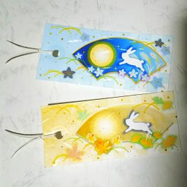 扇型絵巻風　お月見うさぎの栞(しおり)2枚セット　桔梗　紅葉　秋のブックマークの画像