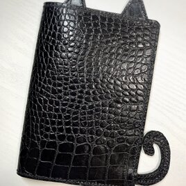 (受注作成)ブックカバー　猫　黒　クロコ型の画像