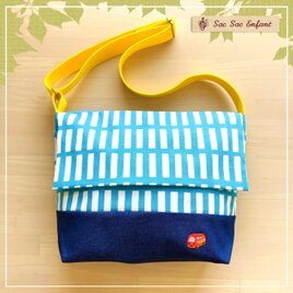 ＜Sサイズ＞Treillis(格子・トレイリー）スカイブルー×デニム　子供用ショルダーバッグ　通園通学にも　『送料無料』の画像