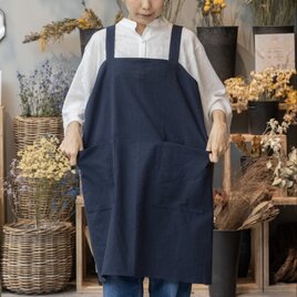 母の日【ネイビー】かぶるだけワイドエプロン　肩掛け　ノーアイロン バッククロス　ゆったり　オーバーサイズ　の画像