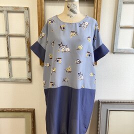 大人ワンピース❤️花柄ポリエステル素材ワンピース　水色ブルー（サイズフリー L〜L L）の画像