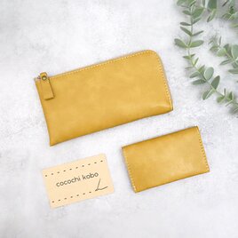 【8色】小さい薄型長財布と名刺入れのセット 水や傷に強い上質ヴィーガンレザー(受注生産)の画像