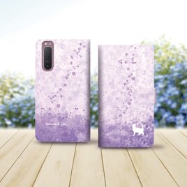 Android シンプル手帳型スマホケース（カメラ穴あり/はめ込みタイプ）【さくらと白猫（藤色バージョン）】の画像