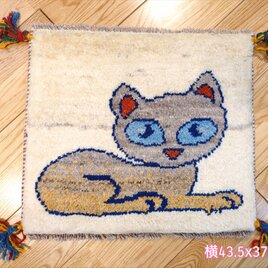 秋入荷】ペルシャギャッベ　ミニマット　43.5x37.5cm　猫　ベージュ　アイボリーの画像