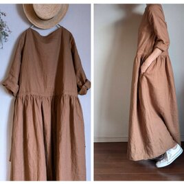 マキシ丈 リネンギャザーワンピース_キャラメルブラウン