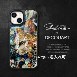 iPhone 16 15 ネコ 螺鈿風 名入れ可 天然貝シェル 全機種対応 ケース ソフト 耐衝撃カバー 052の画像